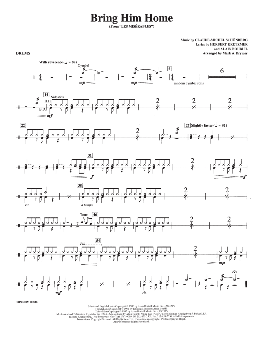 Bring Him Home (from Les Miserables) (arr. Mark Brymer) - Drums Choir scores gallery preview page 1