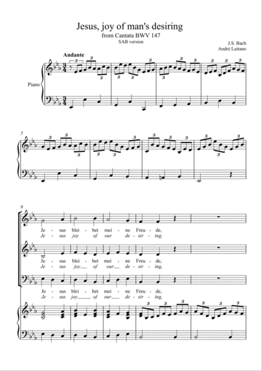 Johann Sebastian Bach - Jesus joy of man's desiring (SAB old singers Choir, Amateur) 3-Part scores gallery preview page 1