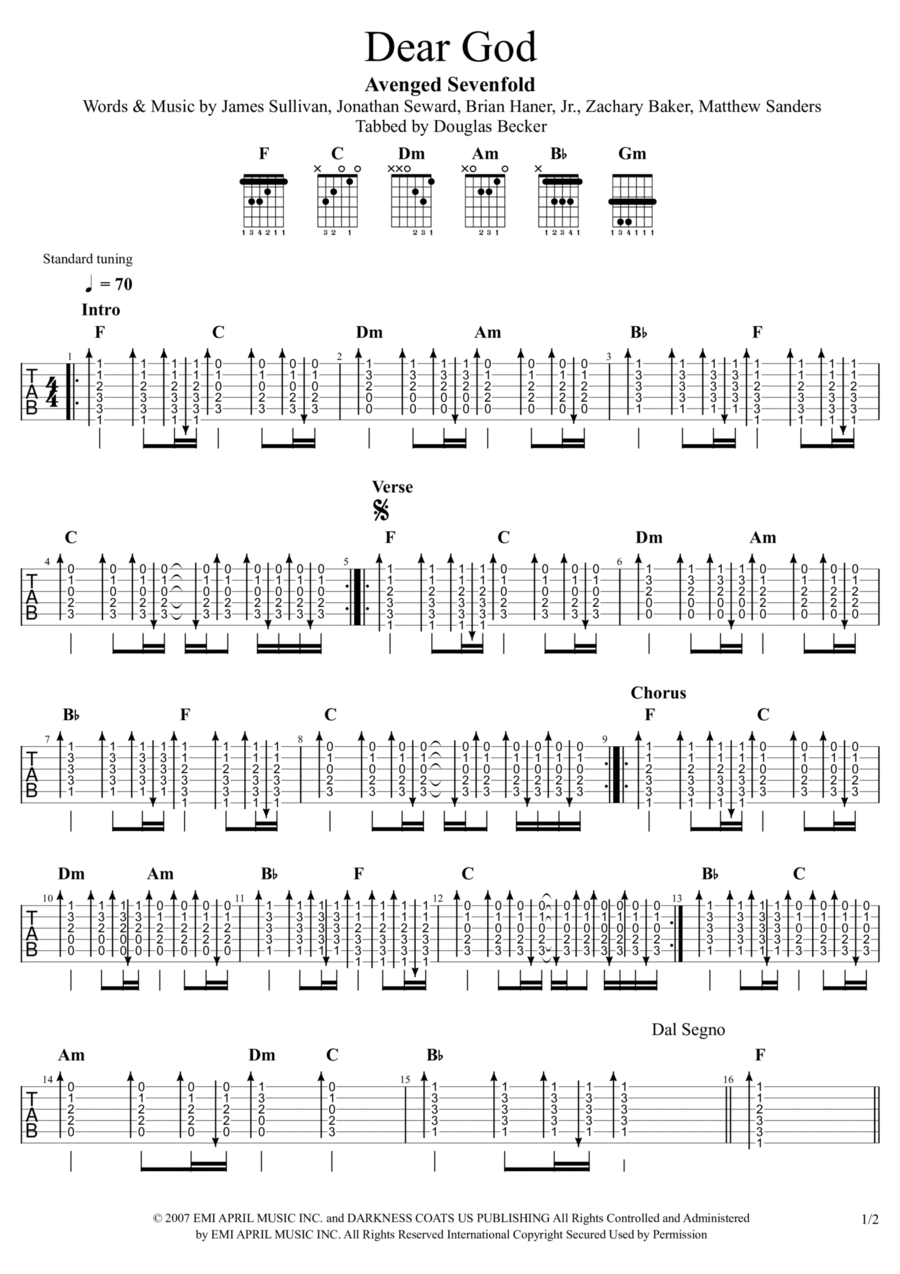 Dear God Classical Guitar scores gallery preview page 1