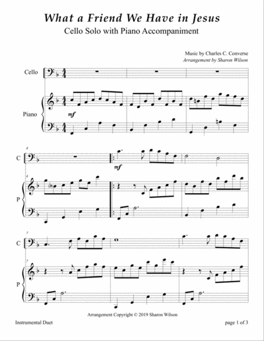What a Friend We Have in Jesus (Easy Cello Solo with Piano Accompaniment) Piano scores gallery preview page 3