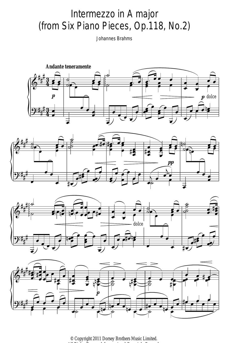 Intermezzo In A Major Op. 118 No. 2 Piano Solo scores gallery preview page 1