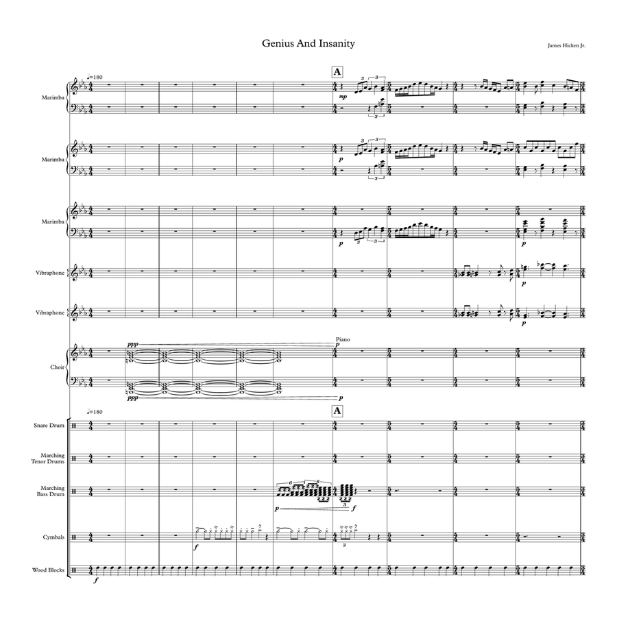 Genius And Insanity (Medium - Hard) (Indoor Drumline Opener) Marching Band scores gallery preview page 1