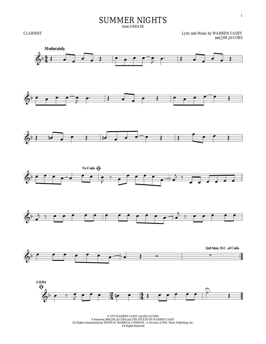 Summer Nights Clarinet Solo scores gallery preview page 1