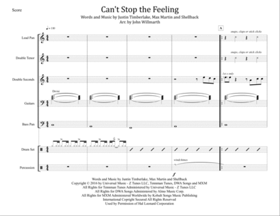 Can't Stop The Feeling from TROLLS Steel Drum Band scores gallery preview page 1
