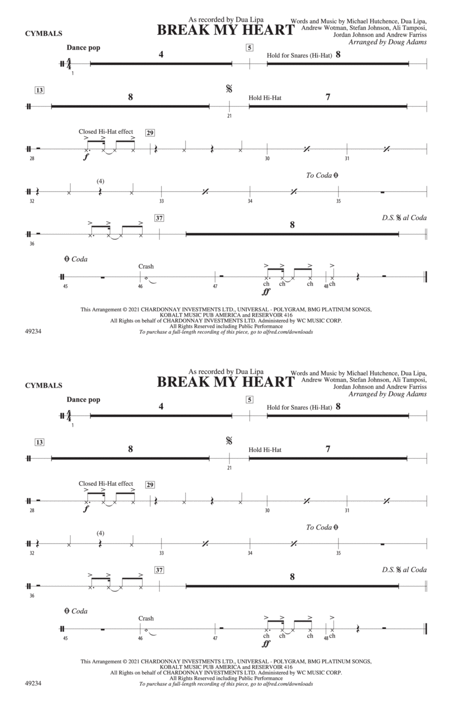 Break My Heart: Cymbals Marching Band scores gallery preview page 1
