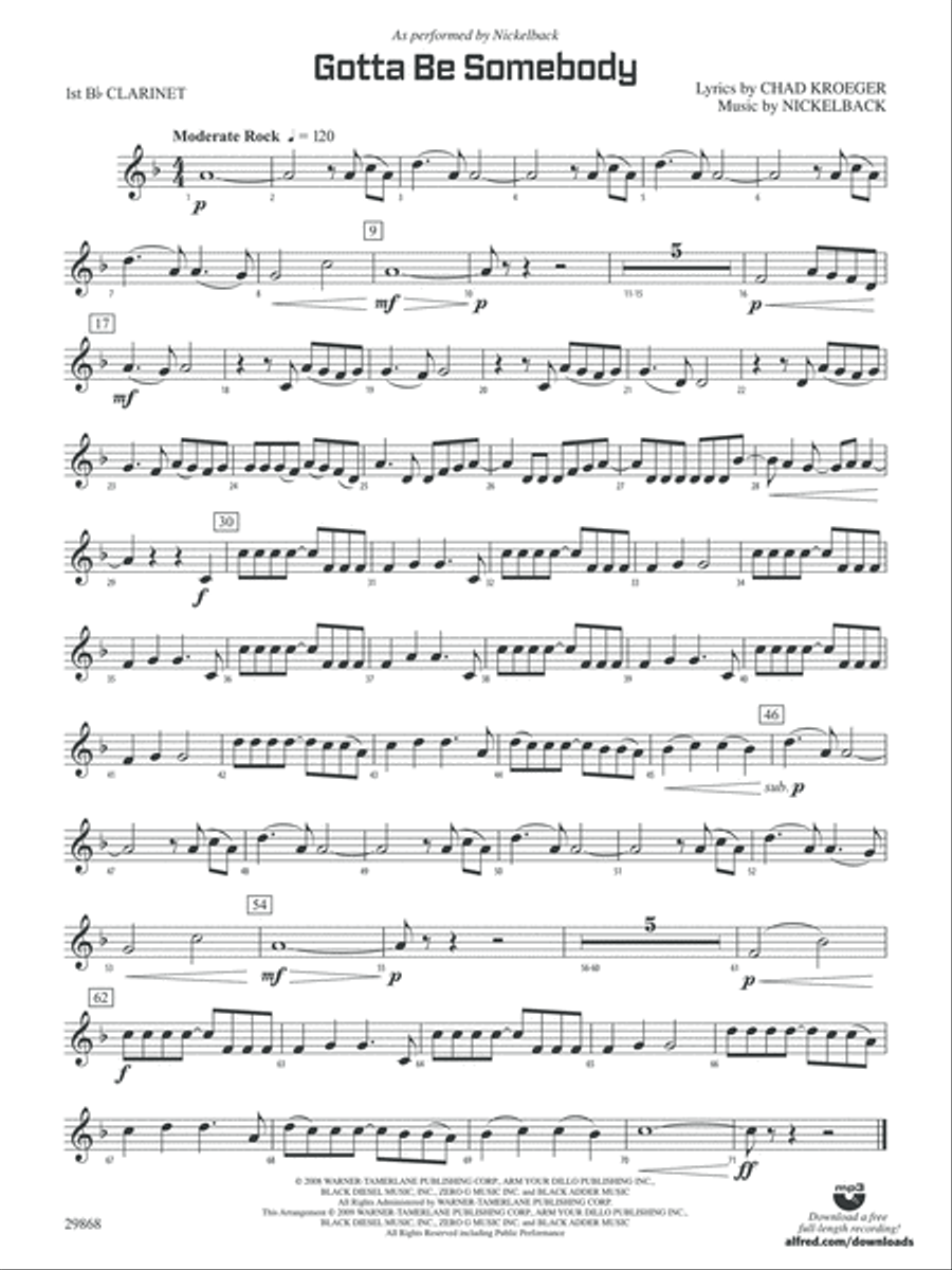 Gotta Be Somebody: 1st B-flat Clarinet Concert Band scores gallery preview page 1
