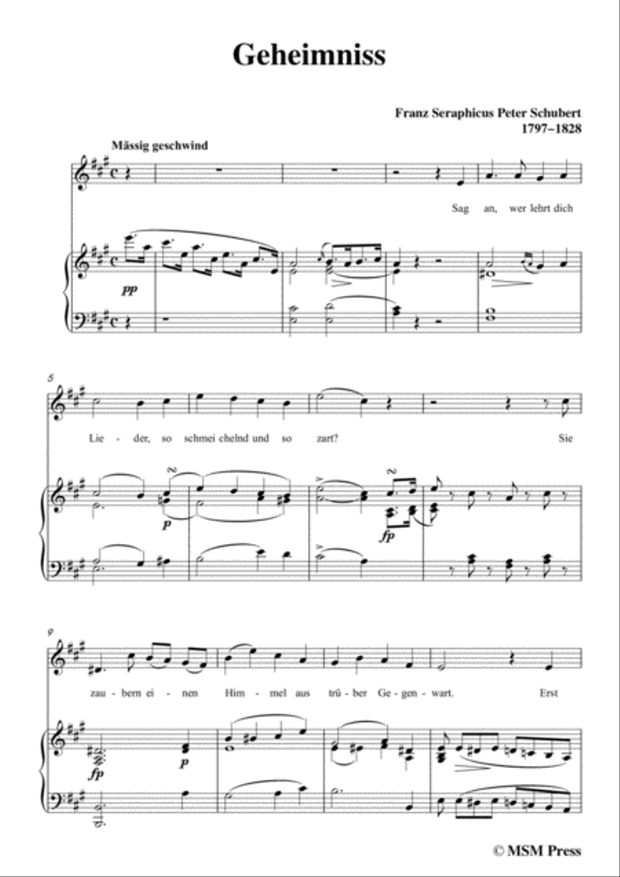 Schubert-Geheimniss(Mayrhofer),in A Major,for Voice&Piano Voice scores gallery preview page 3