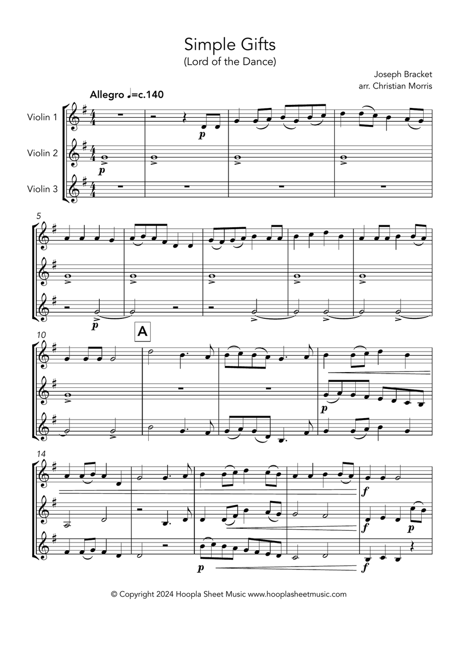 Simple Gifts (Lord of the Dance) String Trio scores gallery preview page 1