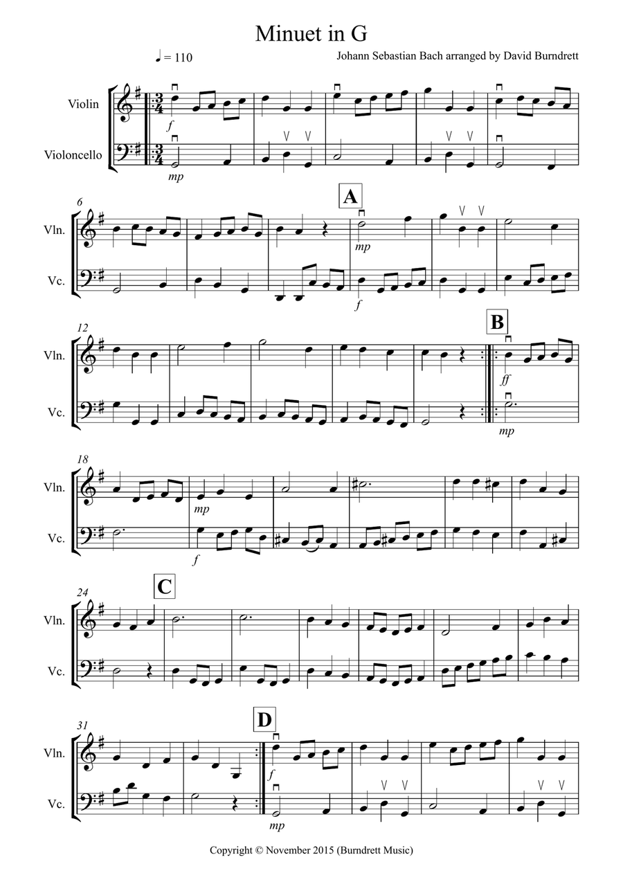 Minuet in G by Bach for Violin and Cello Duet String Duet scores gallery preview page 1