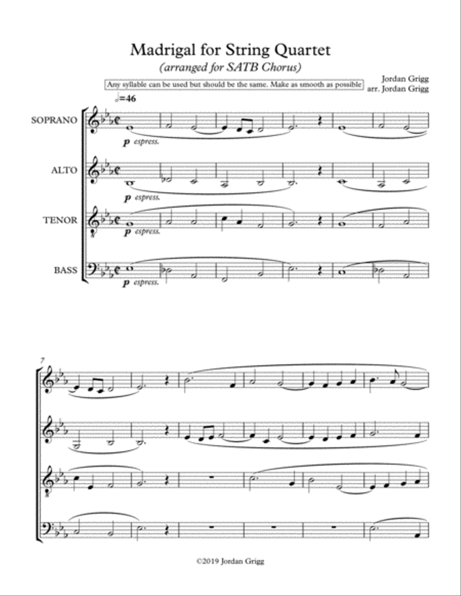 Madrigal for String Quartet (arranged for SATB Chorus) 4-Part scores gallery preview page 1
