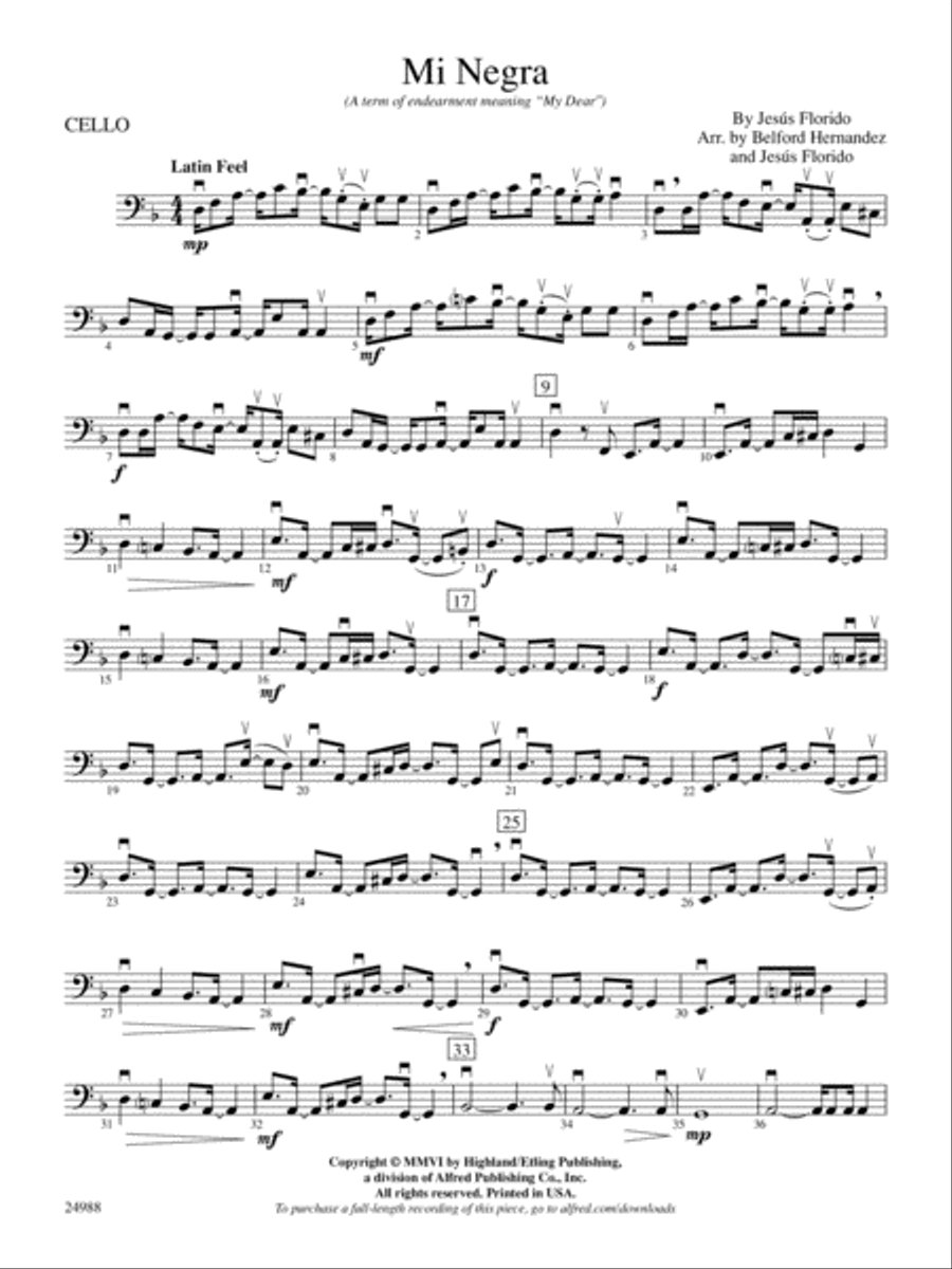 Mi Negra (My Dear): Cello String Orchestra scores gallery preview page 1
