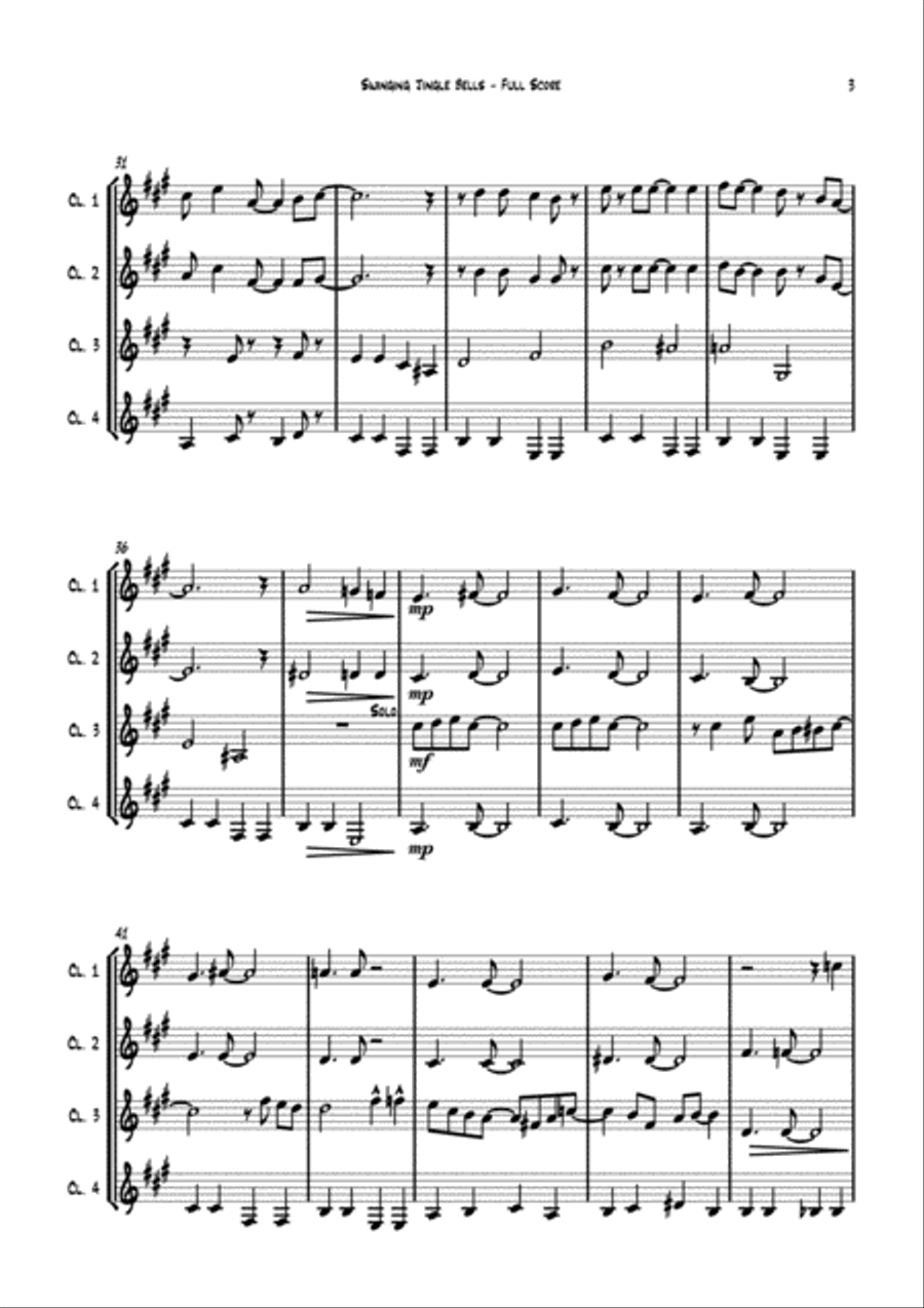 Swinging Jingle Bells - for Clarinet Quartet (4Bb) arr. Carson Yu Clarinet Quartet scores gallery preview page 6