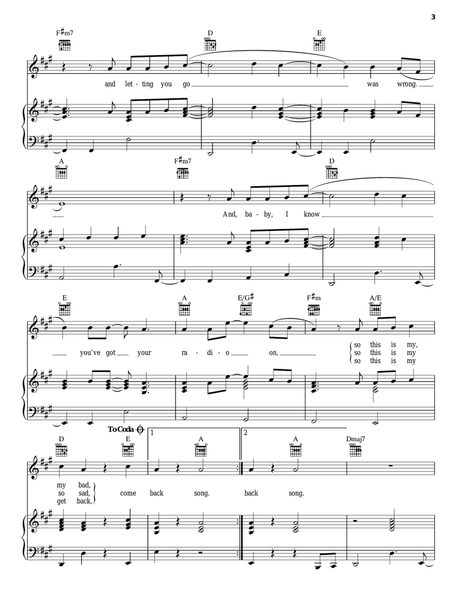 Come Back Song Piano, Vocal, Guitar scores gallery preview page 3