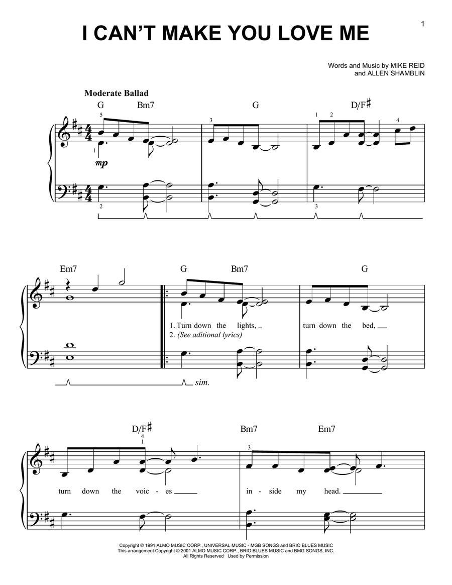 I Can't Make You Love Me (arr. Phillip Keveren) Easy Piano scores gallery preview page 1