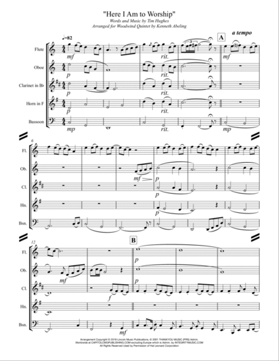 Here I Am To Worship Woodwind Quintet scores gallery preview page 2