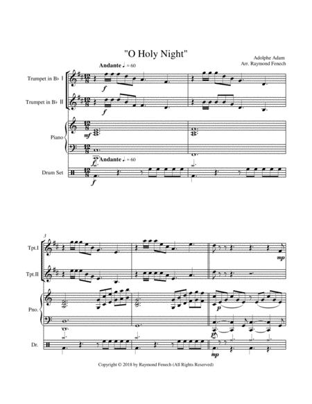 O Holy Night - 2 B Flat Trumpets, Piano and Optional Drum Set - Intermediate Level image number null