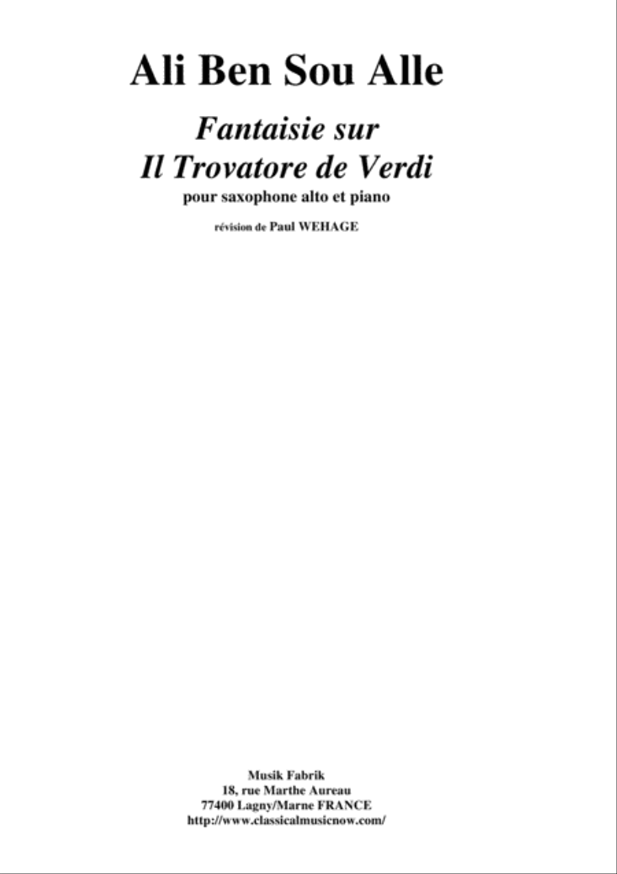 Book cover for Ali Ben Sou Alle: Fantaisie sur Il Trovatore de Verdi for alto saxophone and piano