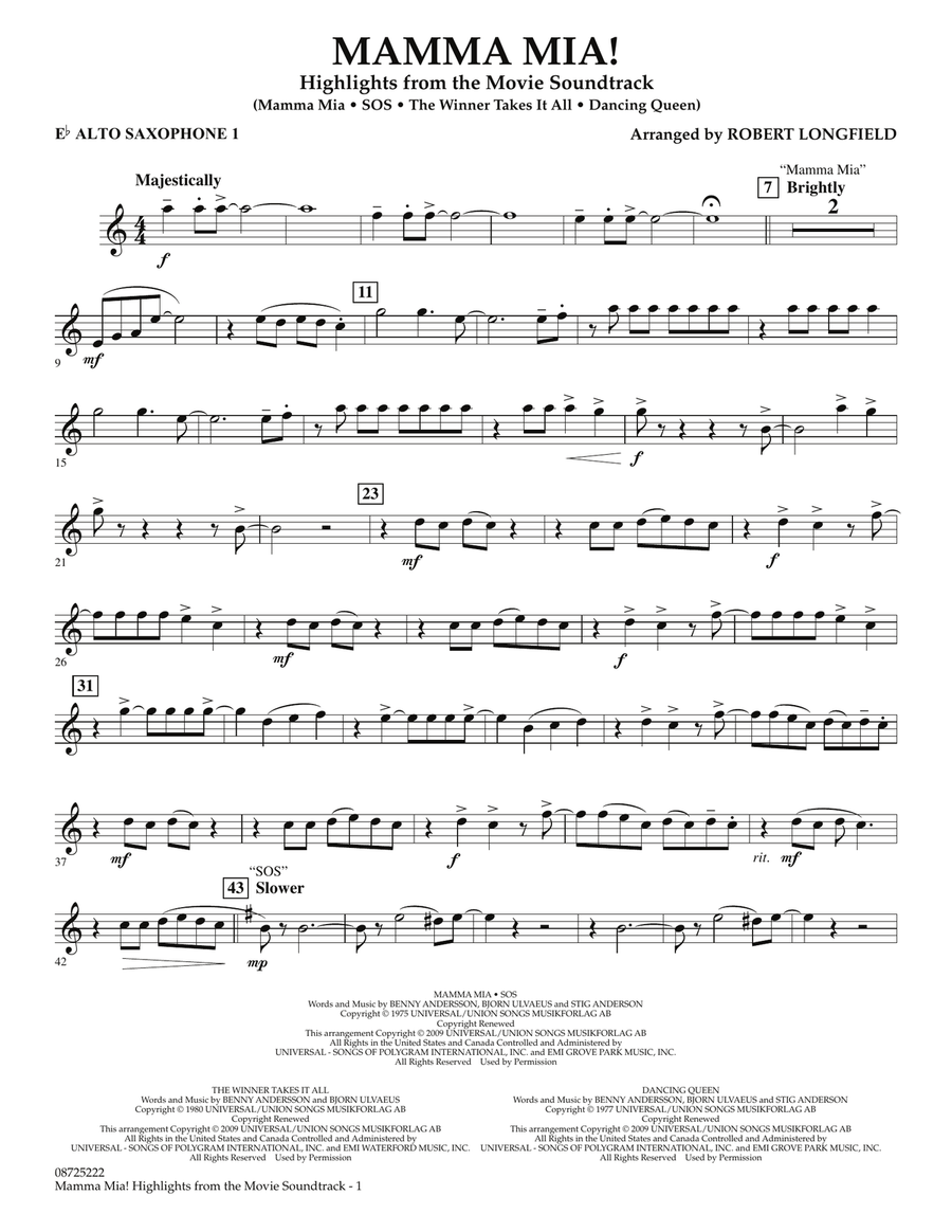 Mamma Mia! - Highlights from the Movie Soundtrack - Eb Alto Saxophone 1 Concert Band scores gallery preview page 1