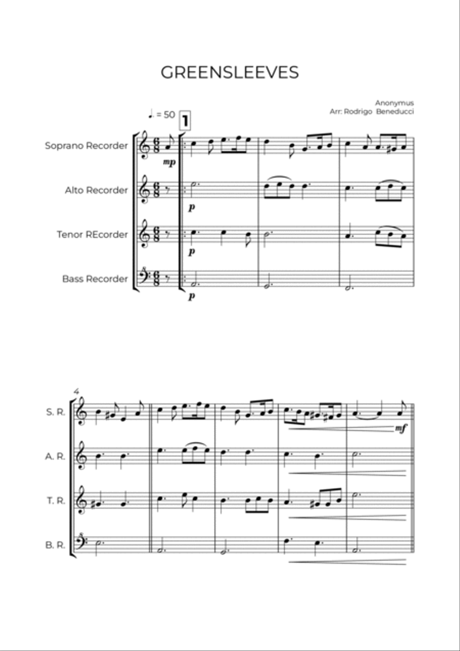 GREENSLEEVES - ANONYMUS – RECORDER QUARTET Soprano Recorder scores gallery preview page 2