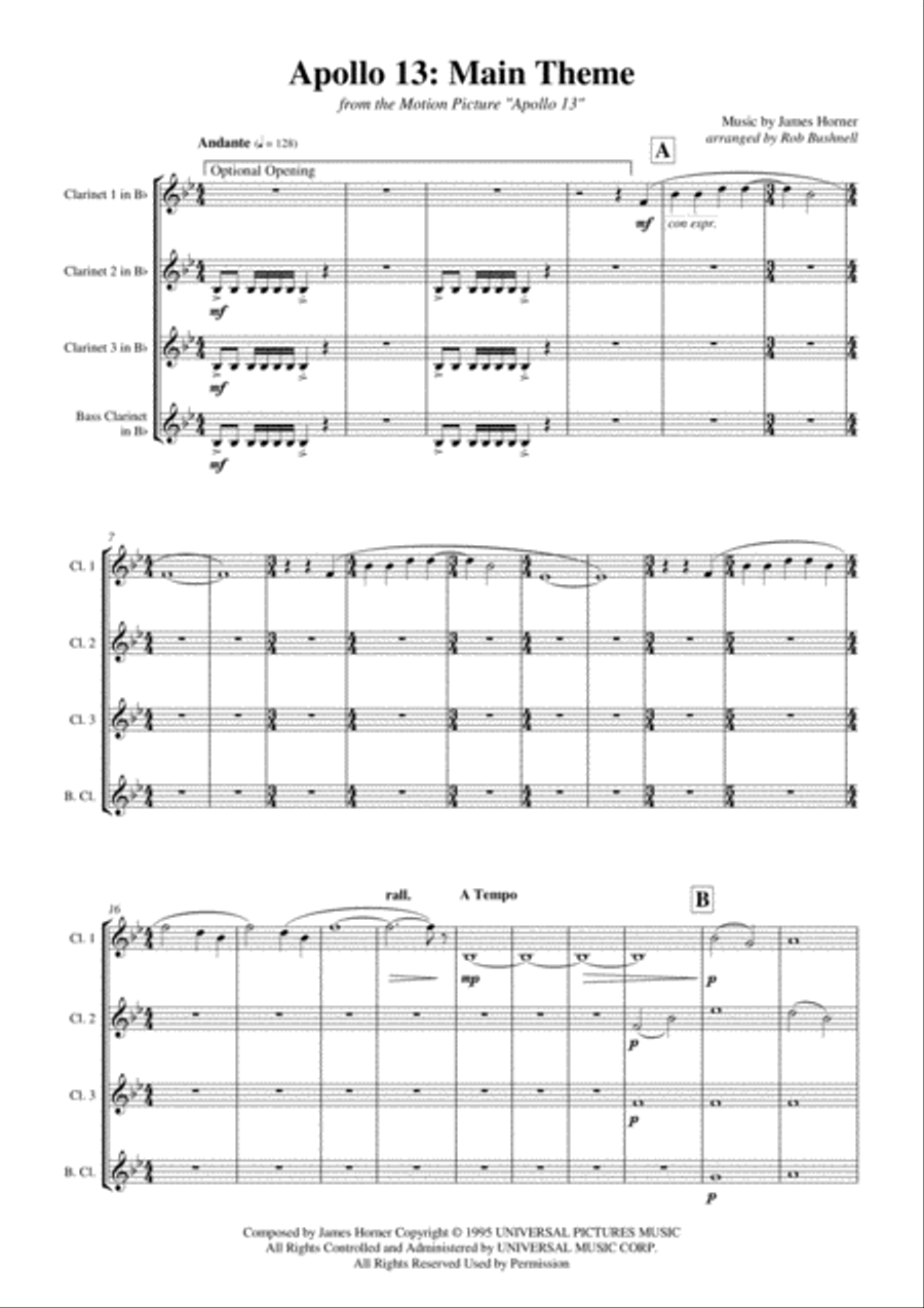 Main Title - Apollo 13 Clarinet Quartet scores gallery preview page 3