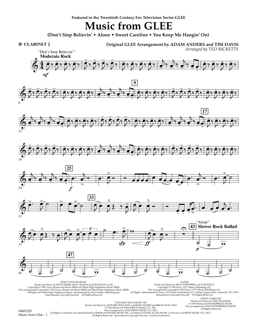Music from Glee - Bb Clarinet 2 Concert Band scores gallery preview page 1