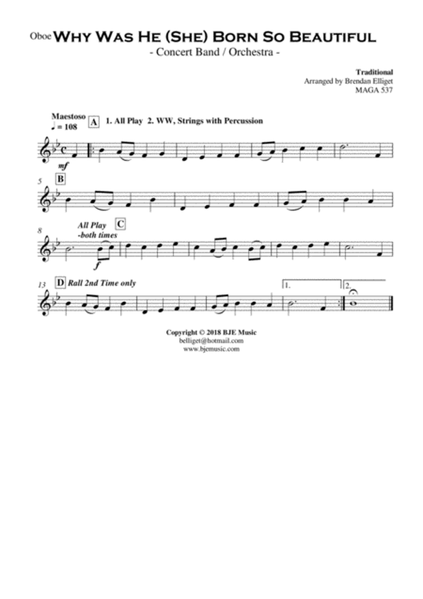 Why Was He (She) Born So Beautiful - Concert Band - Orchestra Score and Parts PDF image number null