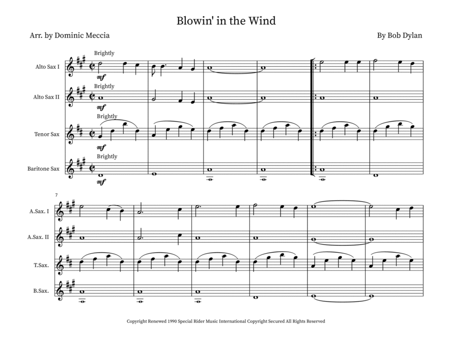 Blowin' In The Wind Saxophone Quartet scores gallery preview page 1