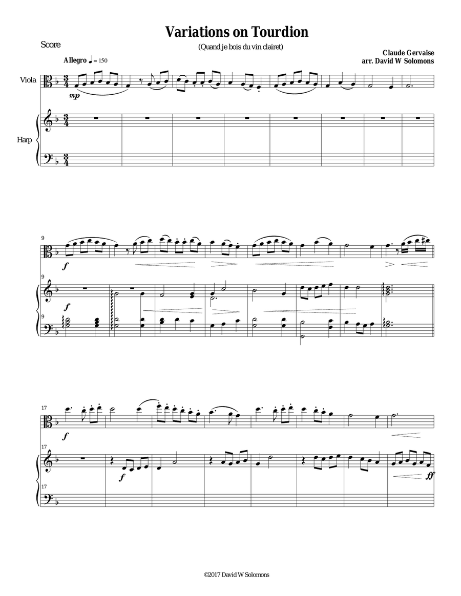 Tourdion (Quand je bois du vin clairet) for viola and harp String Duet scores gallery preview page 1