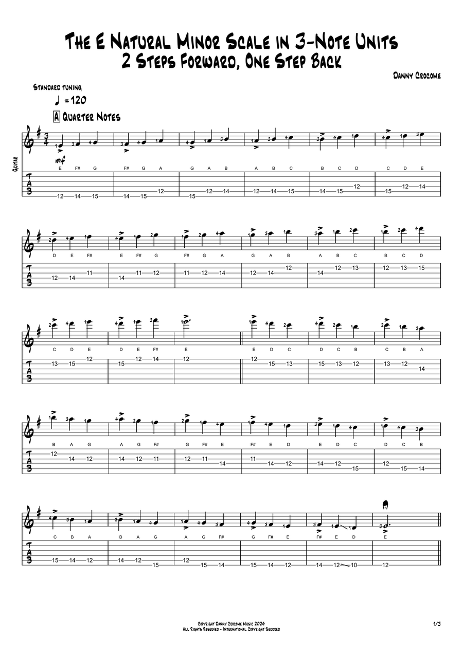 The E Natural Minor Scale in 3-Note Units (2 Steps Forward, One Step Back) Acoustic Guitar scores gallery preview page 1