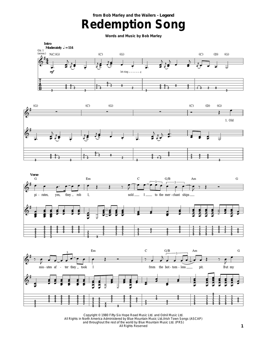 Redemption Song Acoustic Guitar scores gallery preview page 1