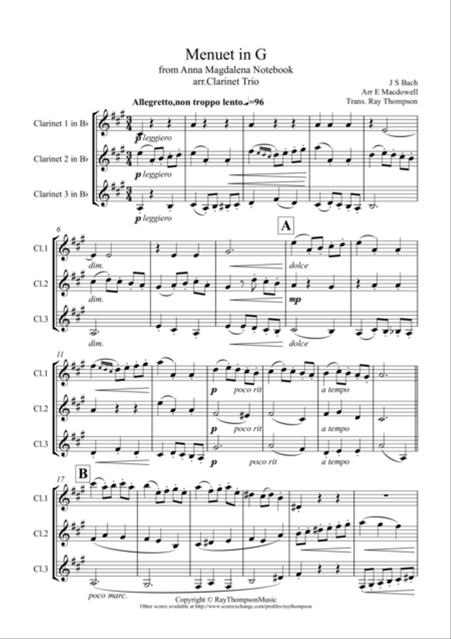 Bach: Minuet in G (Anna Magdalena Notebook) - clarinet trio Clarinet Trio scores gallery preview page 1