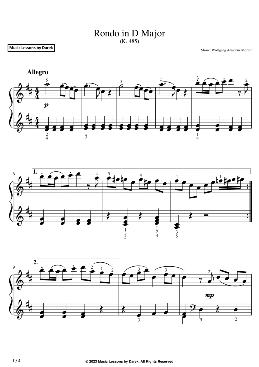 Rondo in D Major (EASY PIANO) (K. 485) [Wolfgang Amadeus Mozart] Easy Piano scores gallery preview page 1