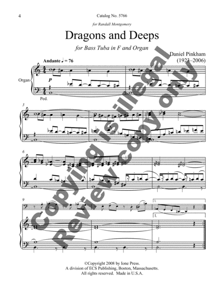 Dragons and Deeps by Daniel Pinkham Tuba - Sheet Music