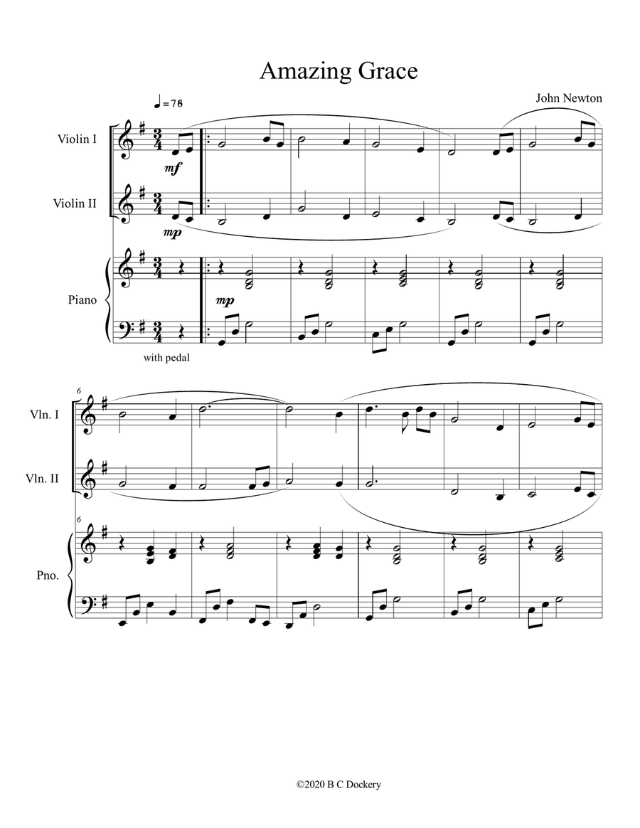 Amazing Grace (violin duet with optional piano accompaniment) String Duet scores gallery preview page 1
