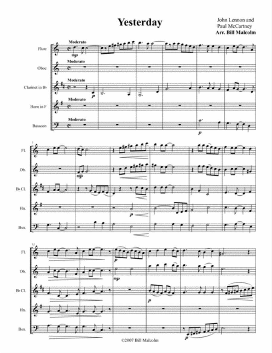 Yesterday Yesterday Woodwind Quintet scores gallery preview page 1