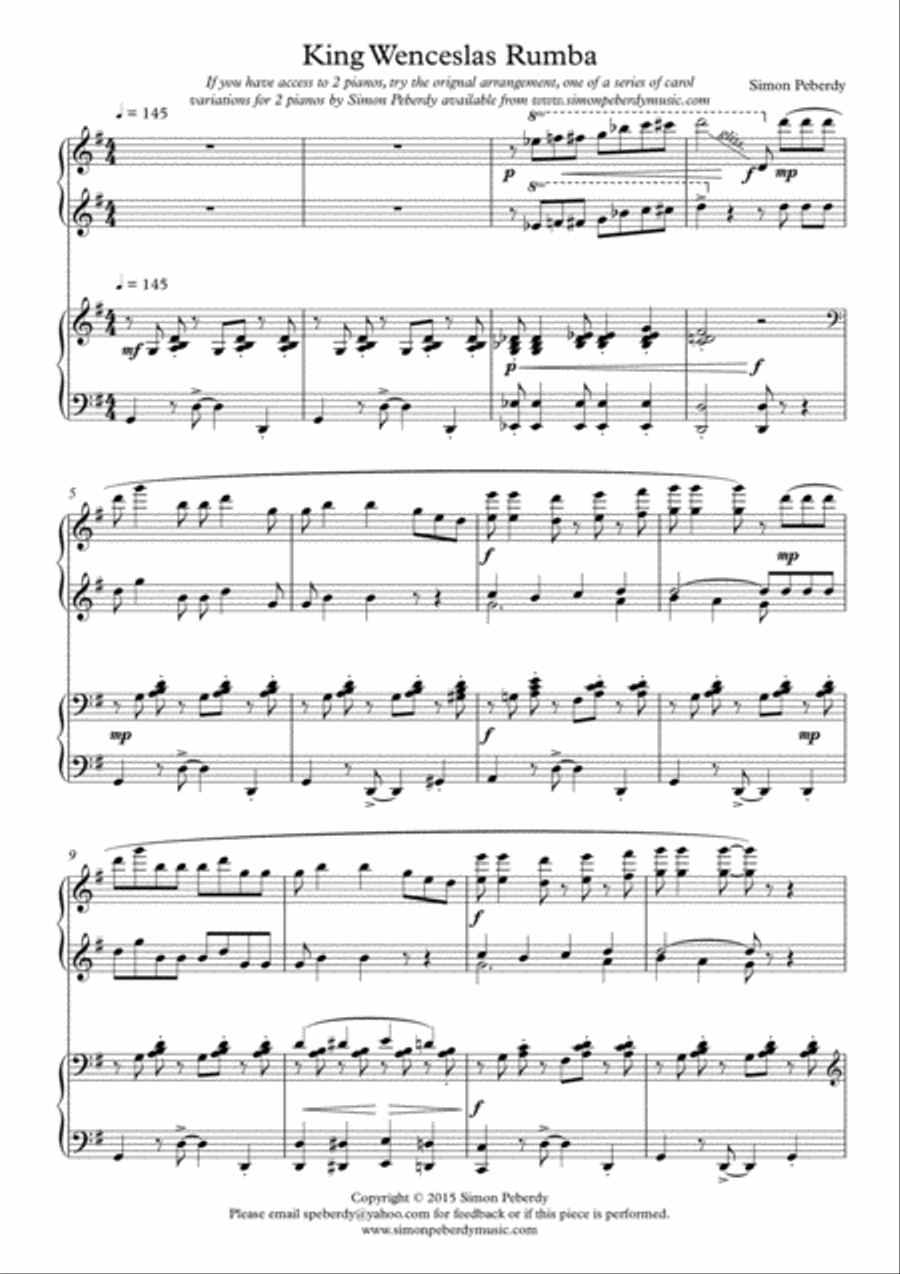 King Wenceslas Rumba, fun Christmas carol variation for piano duet by Simon Peberdy 1 Piano, 4-Hands scores gallery preview page 2