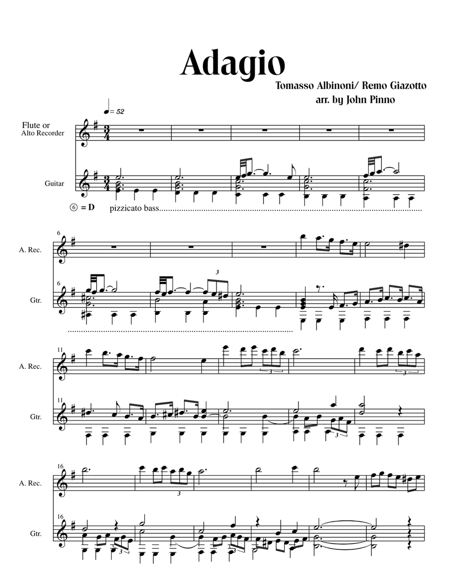 Adagio (Albinoni/Giazotto - arr. Pinno for flute [or alto recorder] and classical guitar) Small Ensemble scores gallery preview page 2