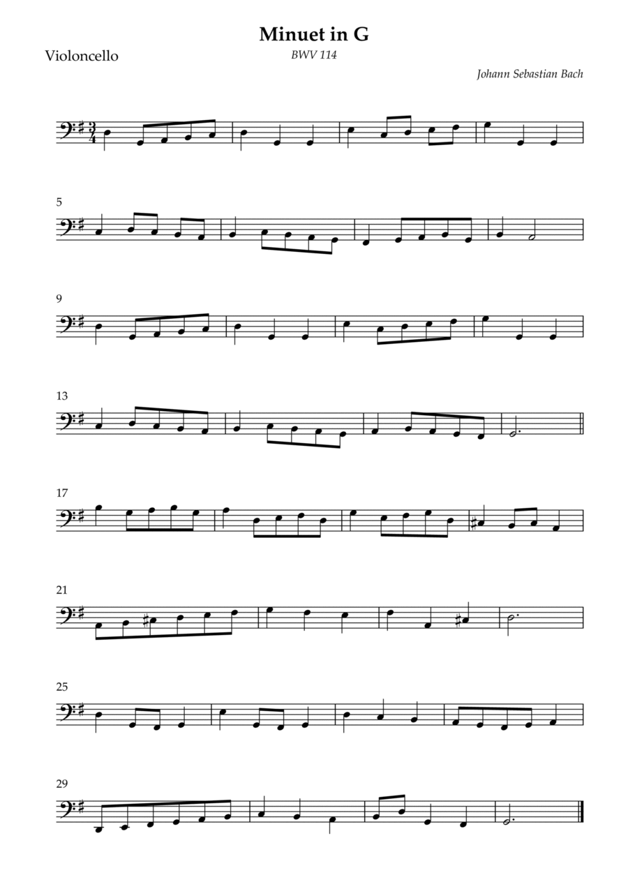 Minuet in G Cello Solo scores gallery preview page 1