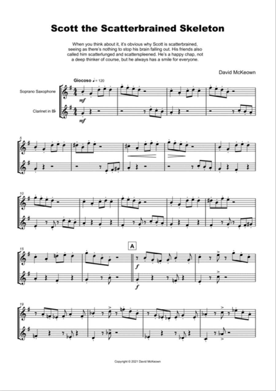 Scott the Scatterbrained Skeleton, Spooky Halloween Duet for Soprano Saxophone and Clarinet Duet Clarinet Duet scores gallery preview page 2
