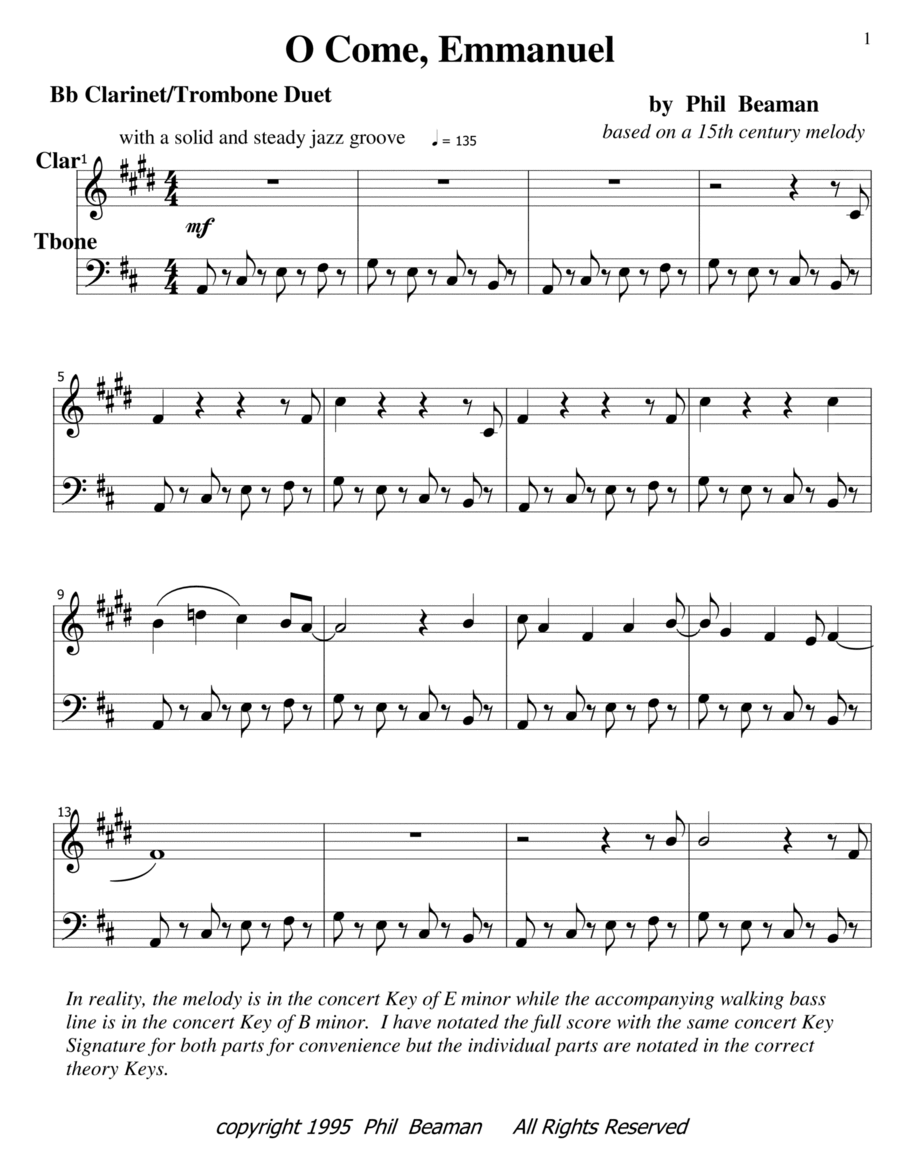 O Come, Emmanuel - jazz clarinet and trombone B-Flat Clarinet scores gallery preview page 1