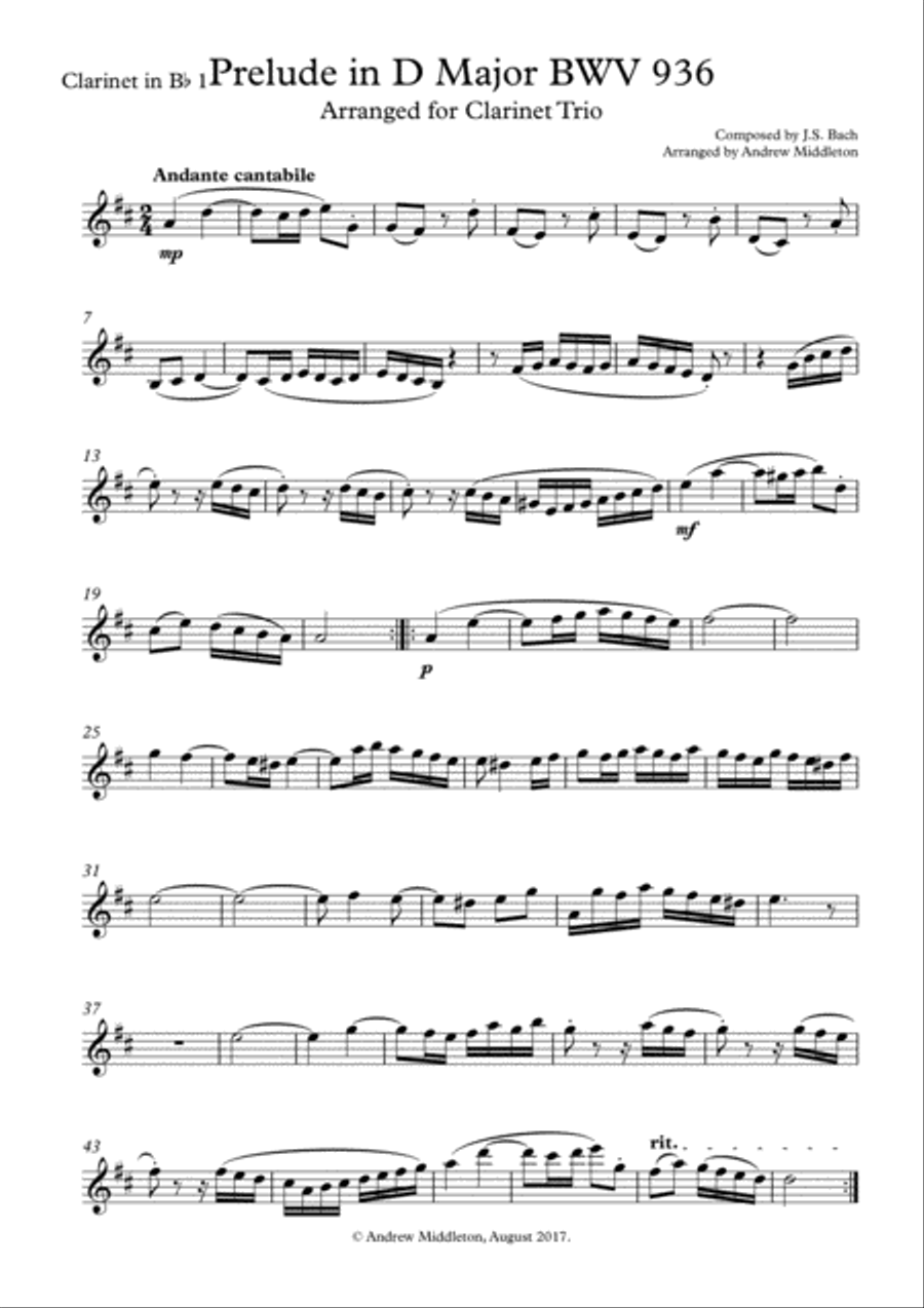 Prelude in D Major BWV 936 arranged for Clarinet Trio Clarinet Trio scores gallery preview page 3