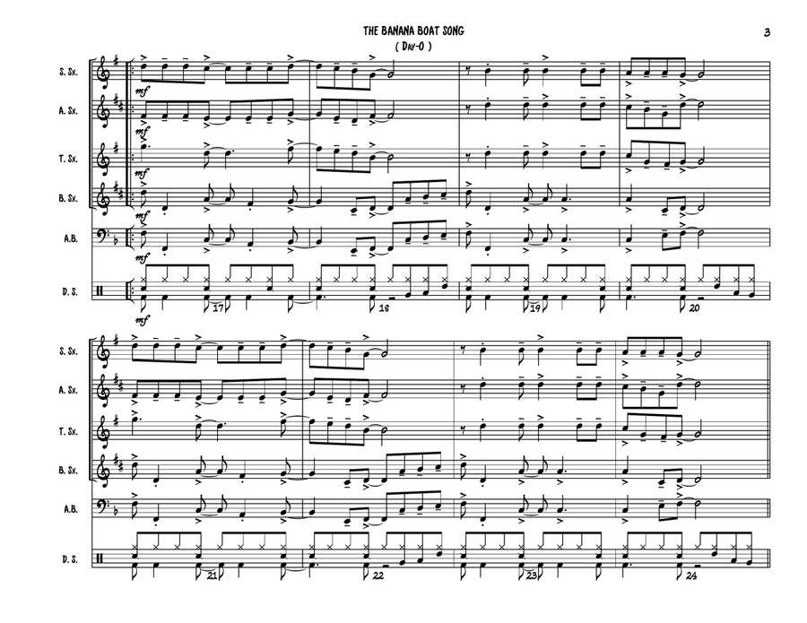 The Banana Boat Song (Day - O) - Sax Quartet (SATB or AATB) Plus Optional Acoustic Bass and Drum Set Saxophone Quartet scores gallery preview page 3