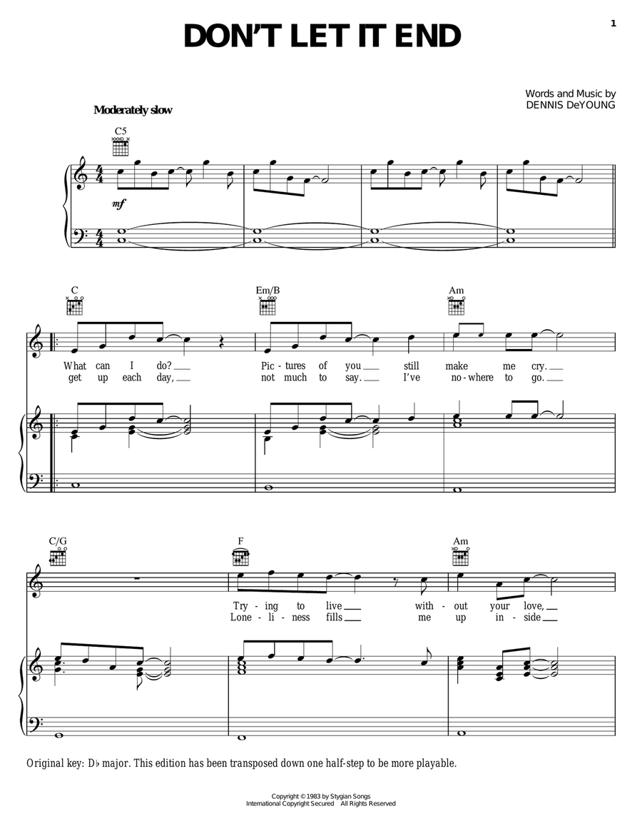 Don't Let It End Piano, Vocal, Guitar scores gallery preview page 1