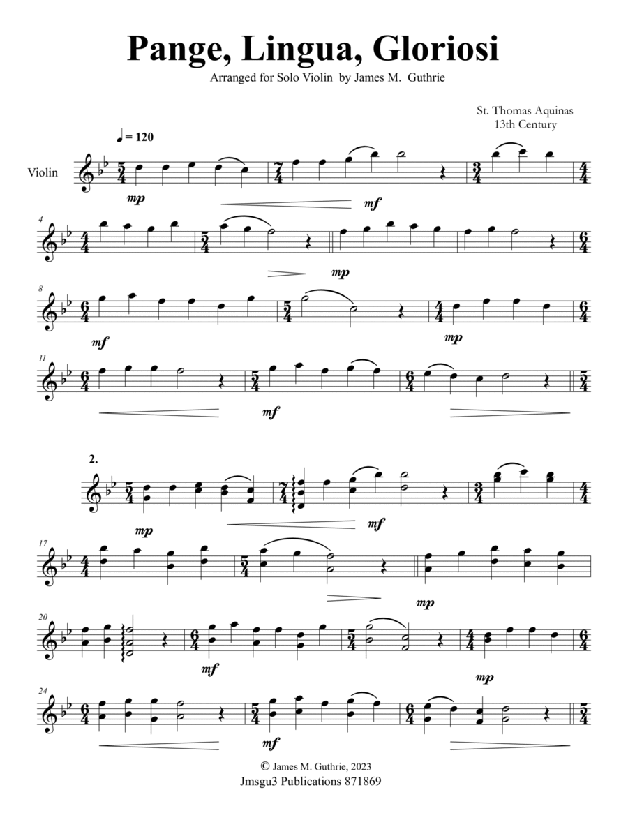 St. Thomas Aquinas: Pange, Lingua, Gloriosi for Solo Violin Violin Solo scores gallery preview page 1
