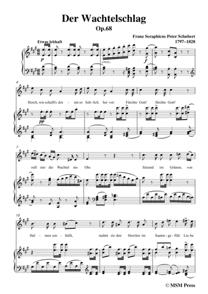 Schubert-Der Wachtelschlag,Op.68,in A Major,for Voice&Piano image number null