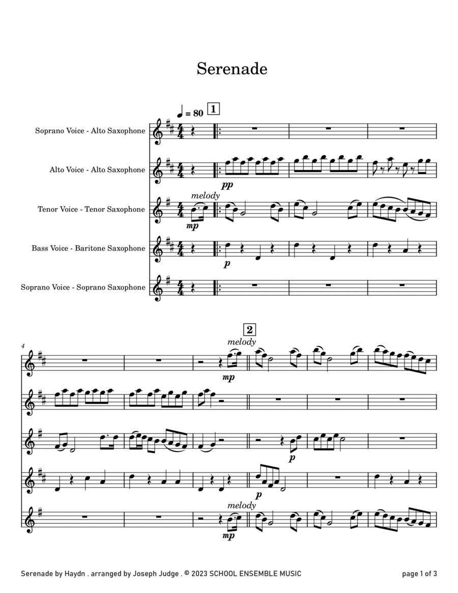 Serenade by Haydn for Saxophone Quartet in Schools Saxophone Quartet scores gallery preview page 1