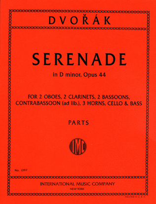 Book cover for Serenade In D Minor, Opus 44 For 2 Oboes, 2 Clarinets, 3 Horns, 3 Bassoons, Cello & Bass (Parts)