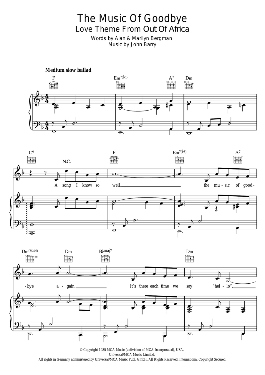 The Music Of Goodbye Piano Solo scores gallery preview page 1