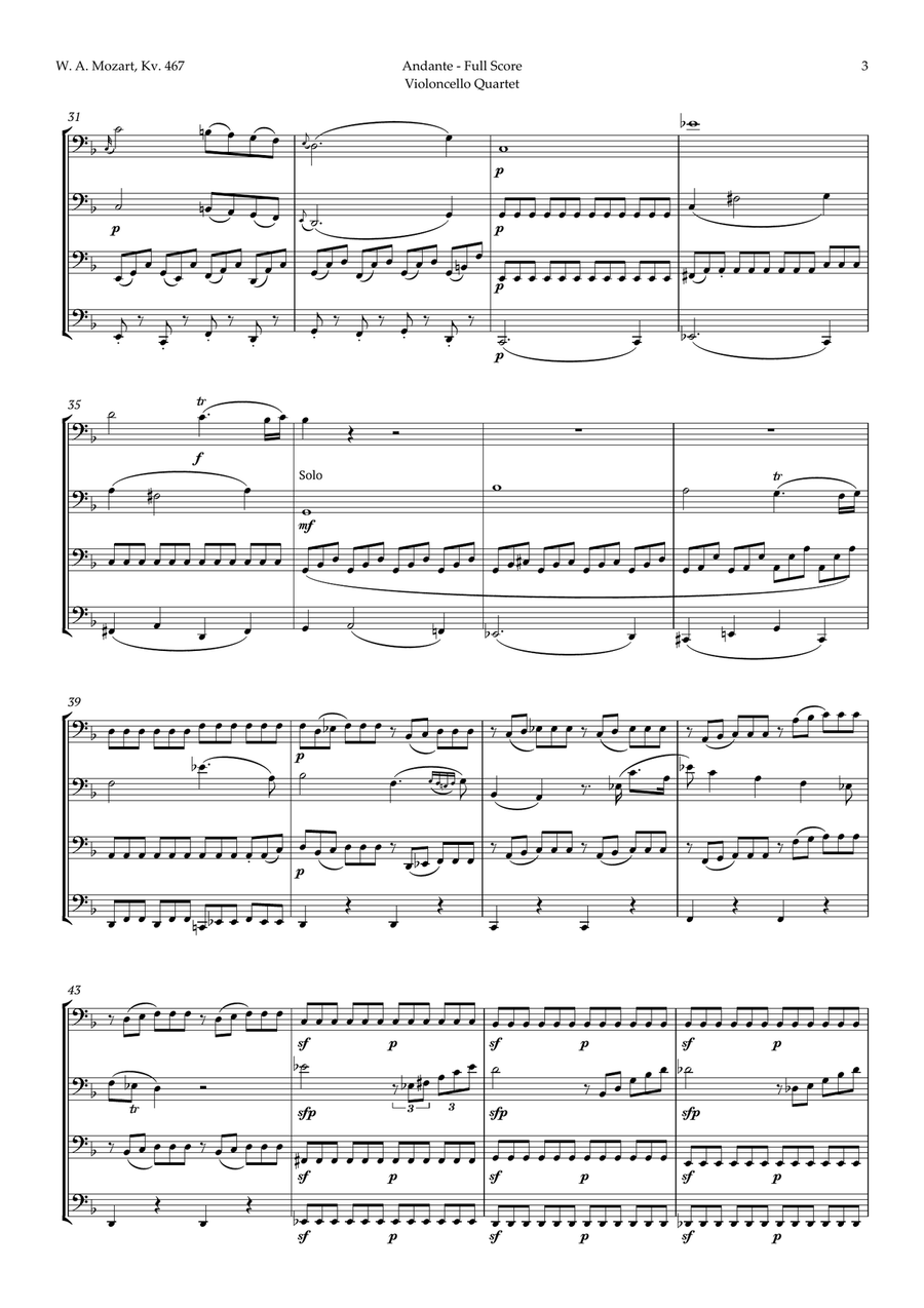 Andante from Piano Concerto No. 21 by Mozart for Cello Quartet String Quartet scores gallery preview page 3