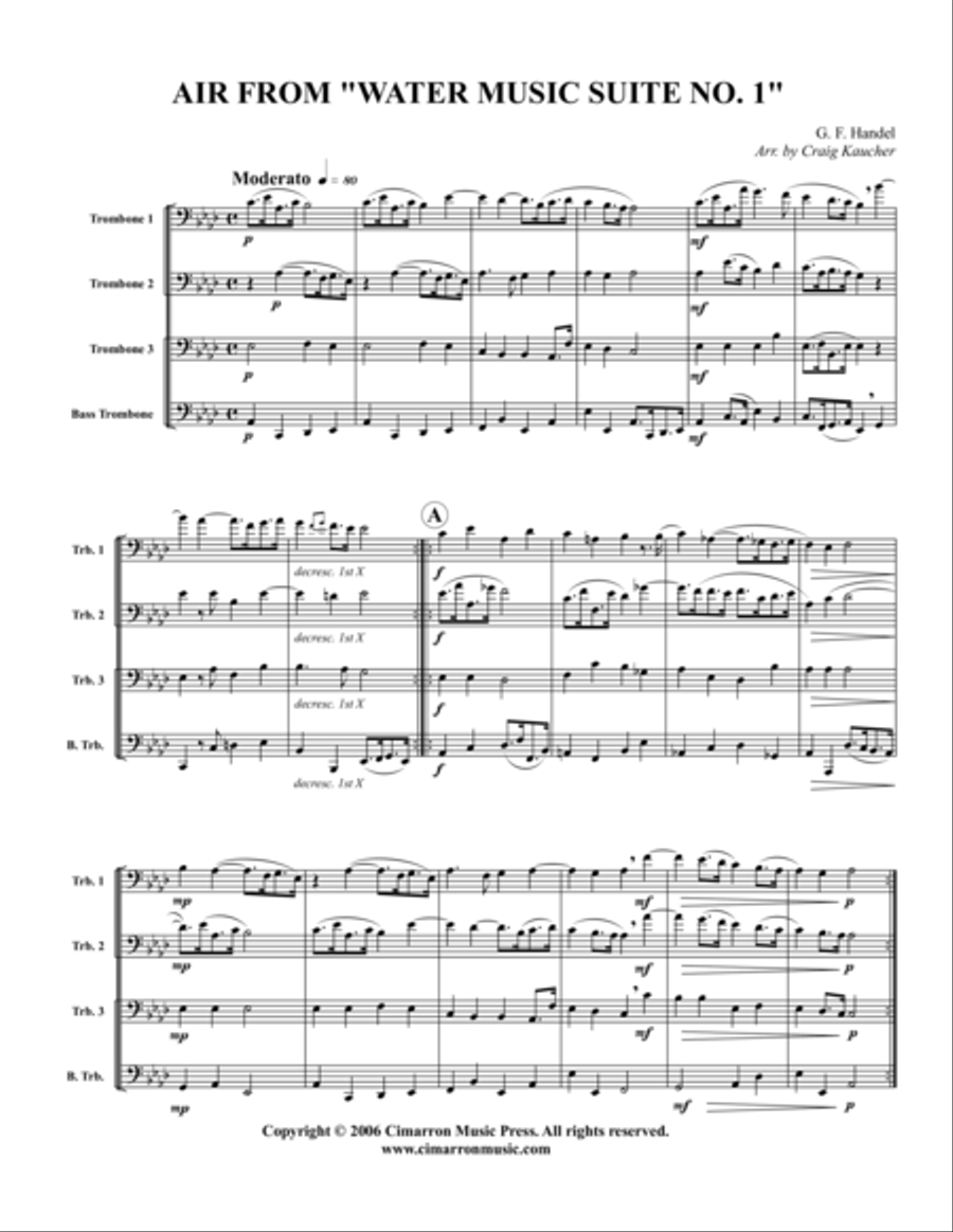 Air, from Water Music Suite No. 1 Trombone Quartet scores gallery preview page 1